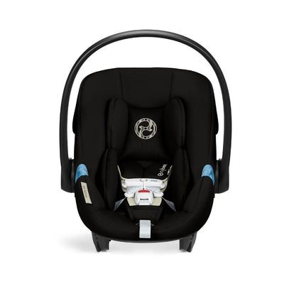 Cybex Aton G2 infant car seat in Moon Black with a load leg base, featuring a comfortable padded interior and safety harness.