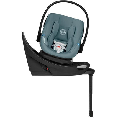 Cybex Aton G2 Swivel Infant Car Seat in Stormy Blue, featuring a sleek design, adjustable load leg base, and safety harness.