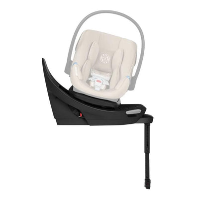 Cybex Aton G2 Swivel Load Leg Base in black, designed for secure car seat installation, with a visible infant car seat and adjustable support leg.