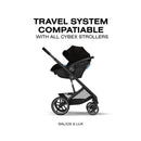 Cybex Balios S Lux stroller with compatible Aton G2 car seat in Moon Black, highlighting travel system compatibility with Cybex strollers.
