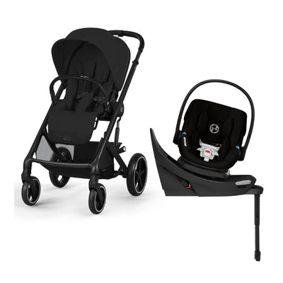 Cybex Balios S Lux stroller in Moon Black with Aton G2 infant car seat beside it on a white background.