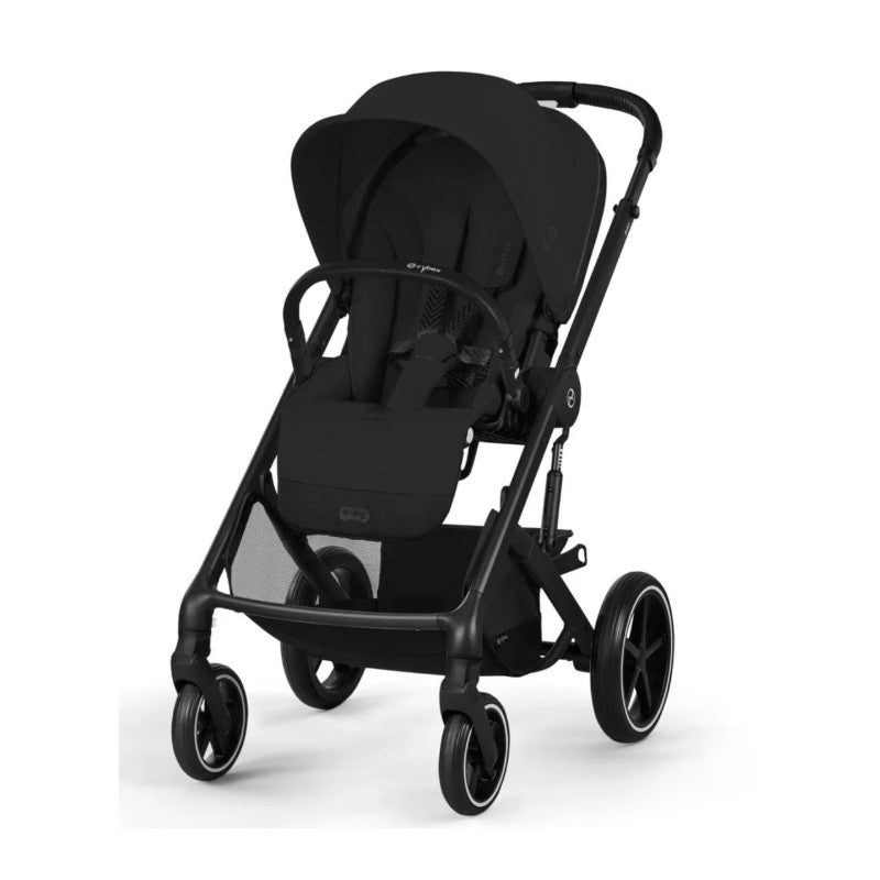 Cybex Balios S Lux stroller in Moon Black, featuring a reclining seat, adjustable canopy, and spacious storage basket.