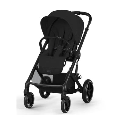 Cybex Balios S Lux stroller in Moon Black, featuring a reclining seat, adjustable canopy, and spacious storage basket.