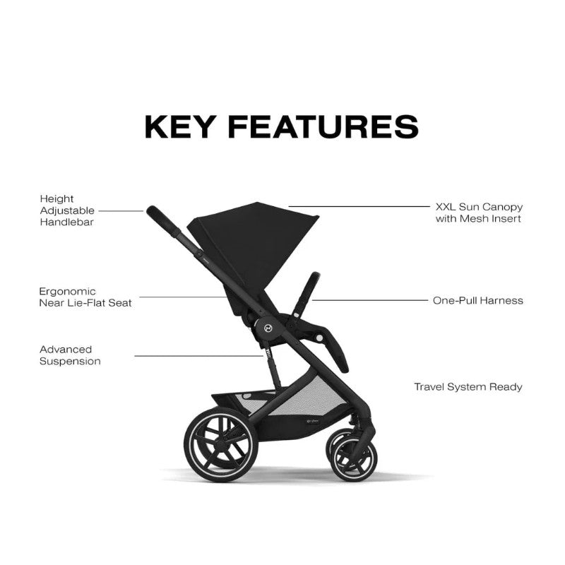 Cybex Balios S Lux stroller in Moon Black, featuring adjustable handlebar, ergonomic near lie-flat seat, and XXL sun canopy.