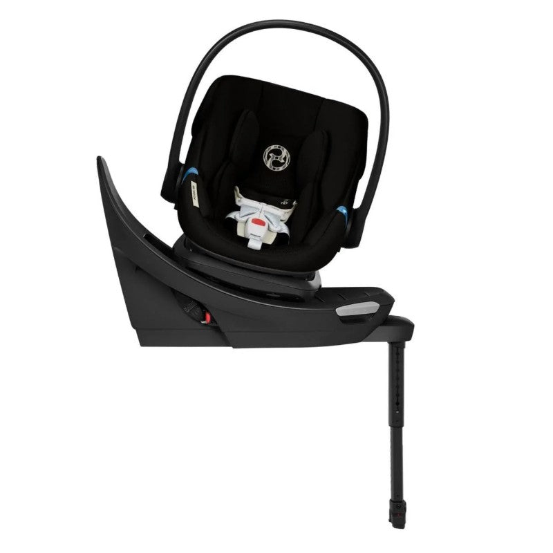 Cybex Balios S Lux Aton G2 swivel car seat in Moon Black, featuring a secure harness and adjustable support leg.