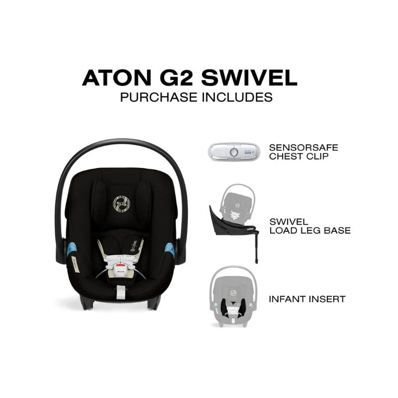 Cybex Aton G2 Swivel infant car seat in Moon Black, featuring a chest clip and swivel load leg base, with an included infant insert.