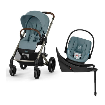 Cybex Balios S Lux stroller in Stormy Blue with a matching Aton G2 car seat, designed for travel convenience and safety.