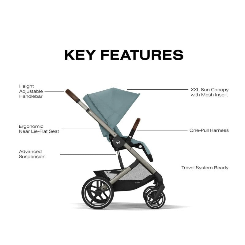 Cybex Balios S Lux stroller in Stormy Blue, showing key features like adjustable handlebar, XXL sun canopy, and ergonomic lie-flat seat.