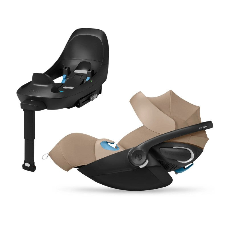 Cybex Balios S Lux + Cloud G Pro travel system featuring a beige infant car seat and a black base with safety features.