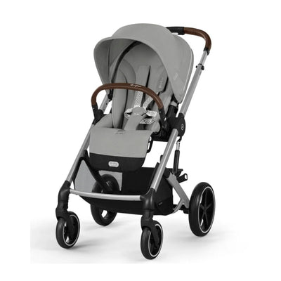 Cybex Balios S Lux stroller in Stone Grey, featuring a comfortable seat, adjustable handle, and large wheels for easy maneuvering.