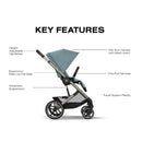 Cybex Balios S Lux stroller in Stormy Blue with key features like adjustable handlebar, sun canopy, and advanced suspension.