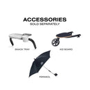 Accessories for Cybex Balios S Lux + Cloud G Pro Travel System, including a snack tray, kid board, and parasol, with text indicating they are sold separately.