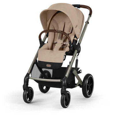 Cybex Balios S Lux stroller in Almond Beige with a padded seat, adjustable canopy, and a sleek frame.