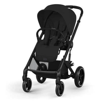 Cybex Balios S Lux Stroller in Moon Black, featuring a sleek design, adjustable canopy, and comfortable seating.