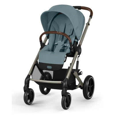 Cybex Balios S Lux Stroller in Stormy Blue, featuring a padded seat, canopy, and brown handle, designed for comfort and safety.