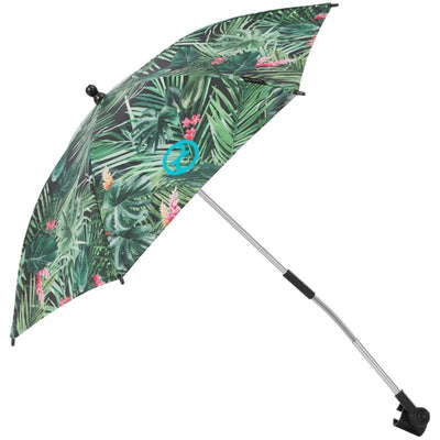 Cybex By Dj Khaled We The Best Parasol with tropical leaf and floral pattern, designed for shielding from sunlight.