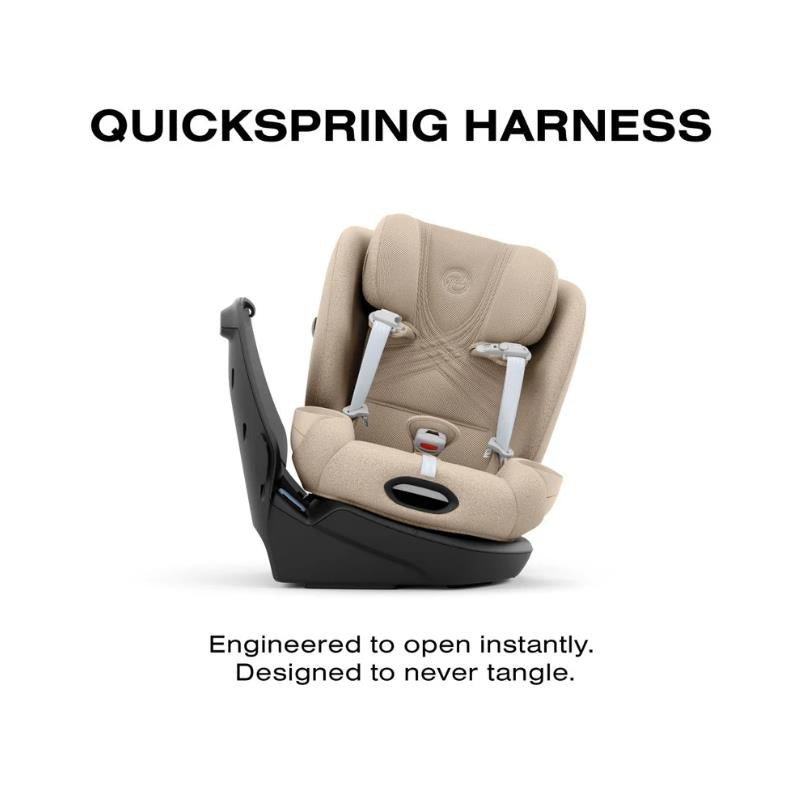 Cybex Callisto T 360 Rotating All-in-One Convertible Car Seat in Cozy Beige, featuring a Quickspring Harness for easy adjustment.
