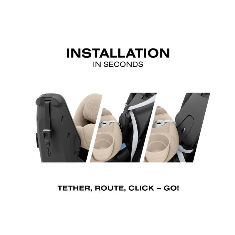 Cybex Callisto T 360 Rotating All-in-One Convertible Car Seat in Cozy Beige, with installation instructions and visible components.