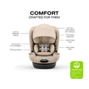 Cybex Callisto T 360 Rotating All-in-One Convertible Car Seat in Cozy Beige, featuring safety labels and product details.