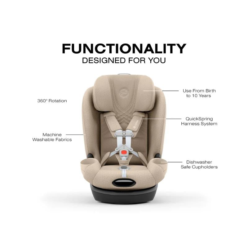 Cybex Callisto T 360 Rotating All-in-One Convertible Car Seat in Cozy Beige, featuring 360° rotation, machine washable fabrics, and cupholders.