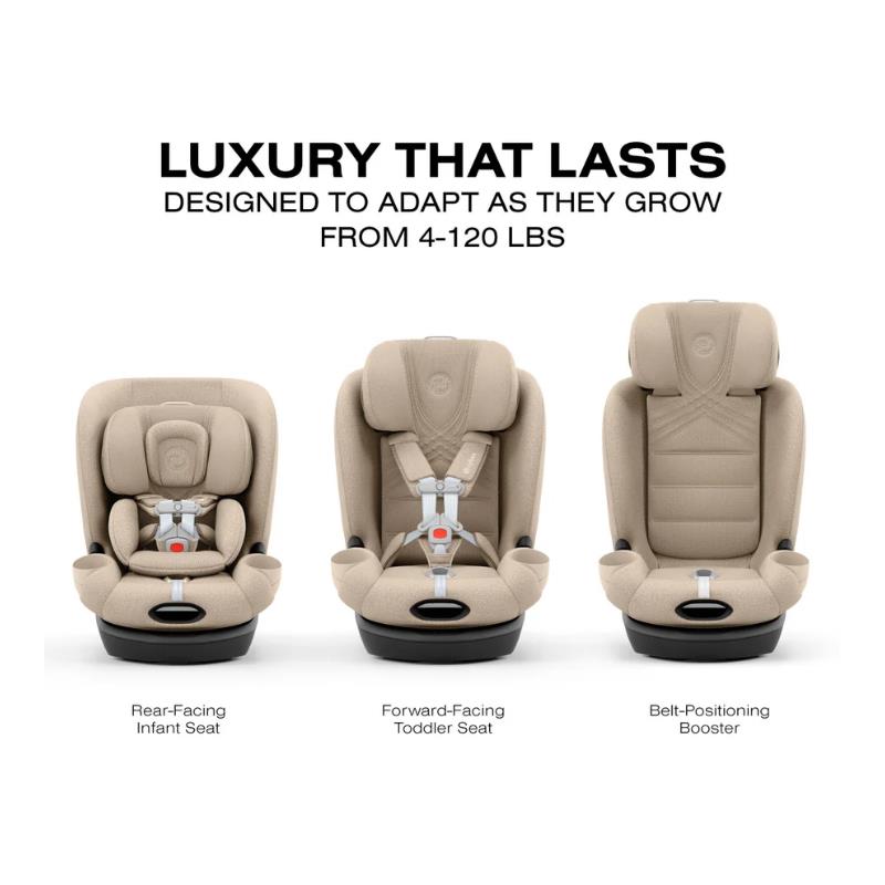 Cybex Callisto T 360 Rotating All-in-One Convertible Car Seat in Cozy Beige, illustrating its three configurations: rear-facing infant seat, forward-facing toddler seat, and belt-positioning booster.