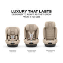 Cybex Callisto T 360 Rotating All-in-One Convertible Car Seat in Cozy Beige, illustrating its three configurations: rear-facing infant seat, forward-facing toddler seat, and belt-positioning booster.