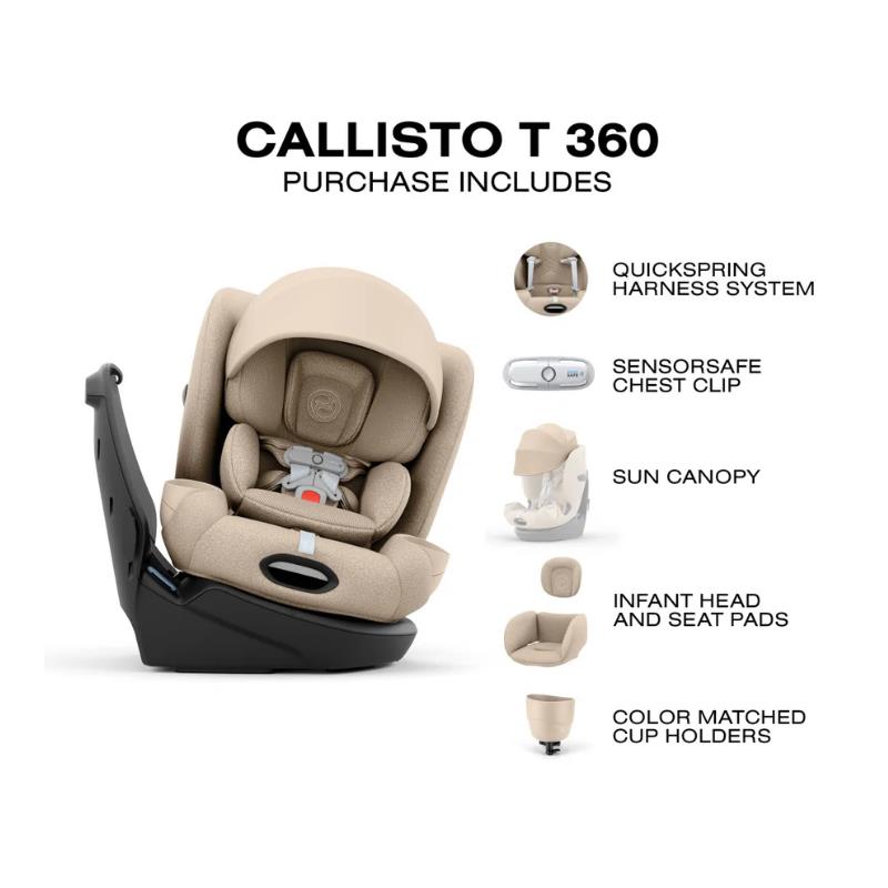 Cybex Callisto T 360 Rotating All-in-One Convertible Car Seat in Cozy Beige with features like a sun canopy and quickspring harness.