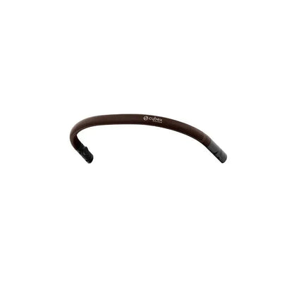 Cybex Coya bumper bar in dark brown, featuring curved design and attachment points for stroller use.