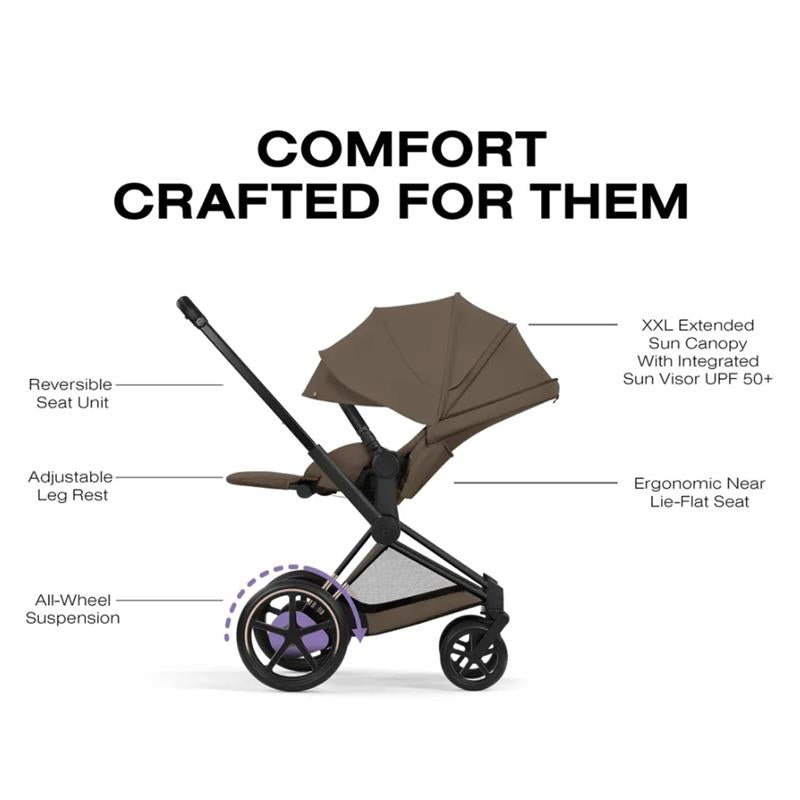 Cybex E-Priam Stroller, Matte Black Frame/Coconut Brown Lux Seat Image 6
