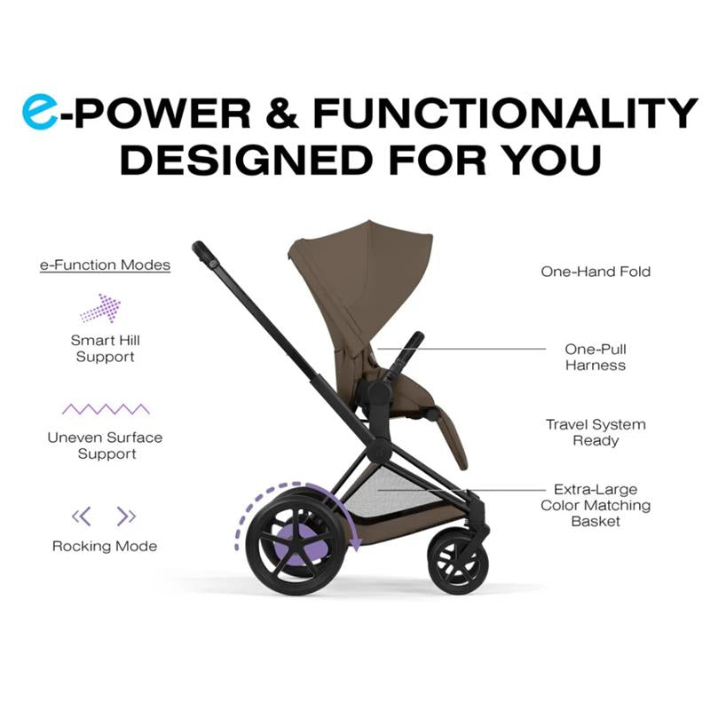 Cybex E-Priam Stroller, Matte Black Frame/Coconut Brown Lux Seat Image 7