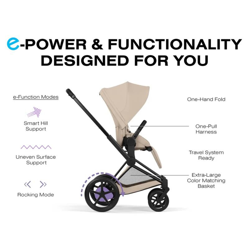 Cybex E-Priam Stroller, Matte Black Frame/Cozy Beige Lux Seat Image 7