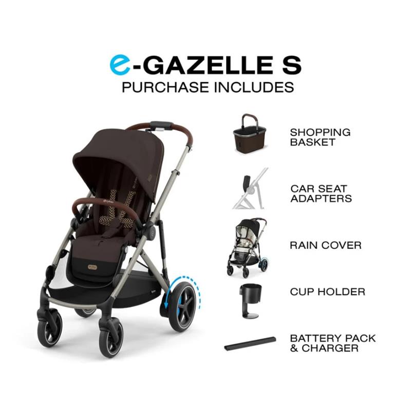 Cybex e-Gazelle S stroller in taupe with chocolate brown seat, featuring included shopping basket, car seat adapters, rain cover, cup holder, and battery pack.