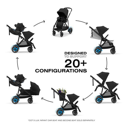 Cybex Egazelle S stroller in black with moon black seat, showcasing customizable configurations and highlighting 20+ options.