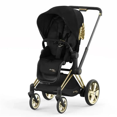 Cybex EPriam 2 stroller in black with gold accents, featuring a spacious seat, large canopy, and stylish design.