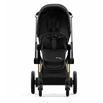 Cybex EPriam 2 Stroller in black with gold accents, featuring a comfortable seat and sturdy wheels.