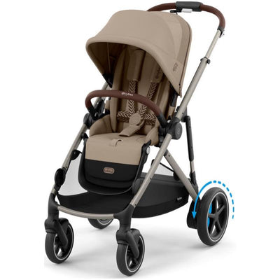 Cybex Egazelle S stroller with taupe frame and almond beige seat, showcasing its adjustable features and storage basket.