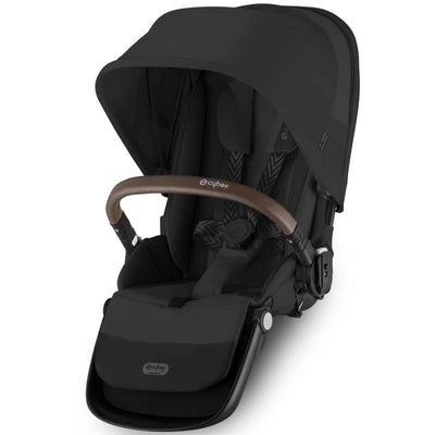 Cybex Gazelle S Second Seat in Moon Black with a silver frame and brown adjustable handlebar.