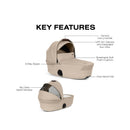 Cybex Gazelle S Cot in Almond Beige with features: 2-way zipper, UPF 50+ canopy, breathable cushion, and a mesh window.