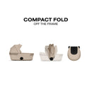 Foldable Cybex Gazelle S Cot in Almond Beige displayed in three stages: fully extended, partially folded, and compact for storage.