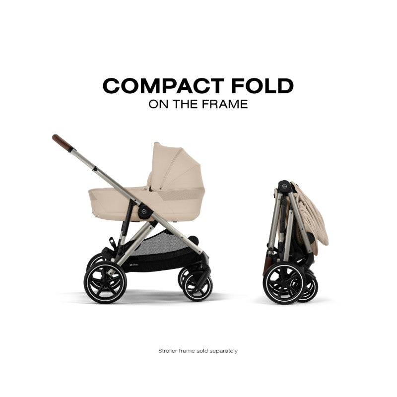 Cybex Gazelle S Cot in Almond Beige, shown both unfolded and folded, highlighting its compact fold feature.
