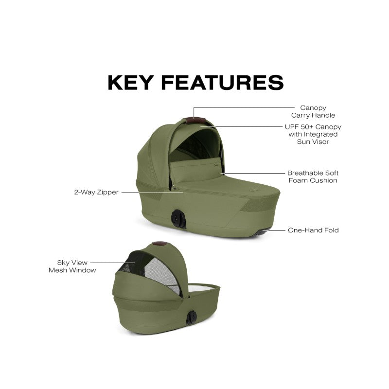 Cybex Gazelle S Cot in Moss Green featuring a UPF 50+ canopy, breathable foam cushion, and a two-way zipper.