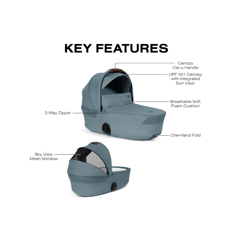 Cybex Gazelle S Cot in Stormy Blue, featuring a canopy, breathable foam cushion, and highlighted with key features.