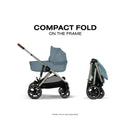 Cybex Gazelle S Cot in Stormy Blue shown in both an upright and compact fold position, highlighting its easy portability.