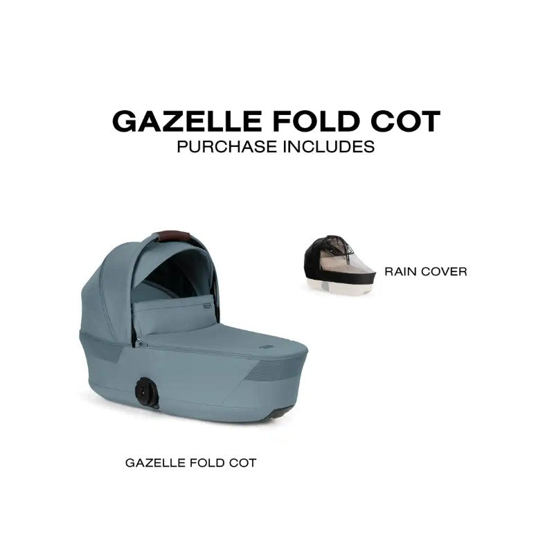 Cybex Gazelle S Cot in Stormy Blue, featuring a foldable design and a rain cover included.