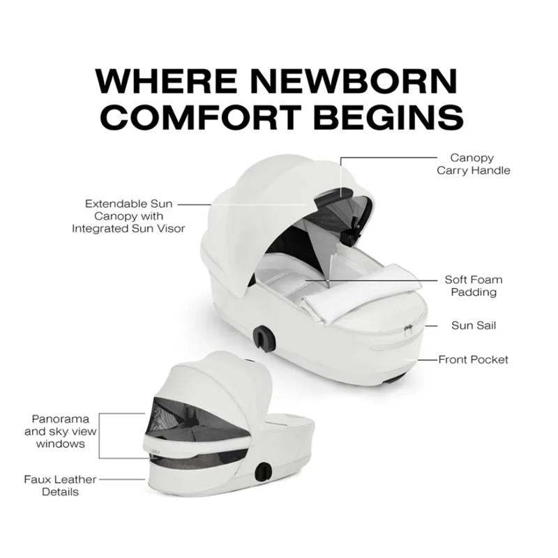 Cybex Mios/Coya Fold Lux Carry Cot in Urban Mobility White with extendable sun canopy, soft foam padding, and front pocket.