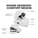 Cybex Mios/Coya Fold Lux Carry Cot in Urban Mobility White with extendable sun canopy, soft foam padding, and front pocket.