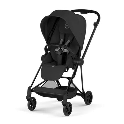 Cybex Mios Stroller in matte black frame with sepia black lux seat; features a sun canopy and adjustable seating.