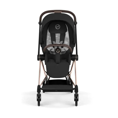 Cybex Mios stroller featuring a rose gold frame and sepia black lux seat, designed for easy transport and comfort.