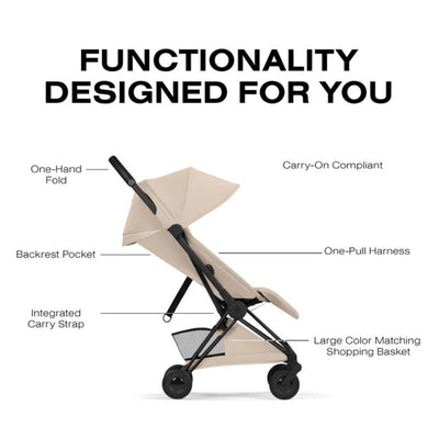 Cybex Platinum Coya stroller in Matte Black Frame with Cozy Beige Lux seat, showcasing features like a one-hand fold and integrated carry strap.