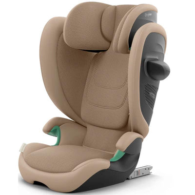 High-back booster car seat in Almond Beige color, featuring adjustable headrest and armrests for child safety and comfort.
